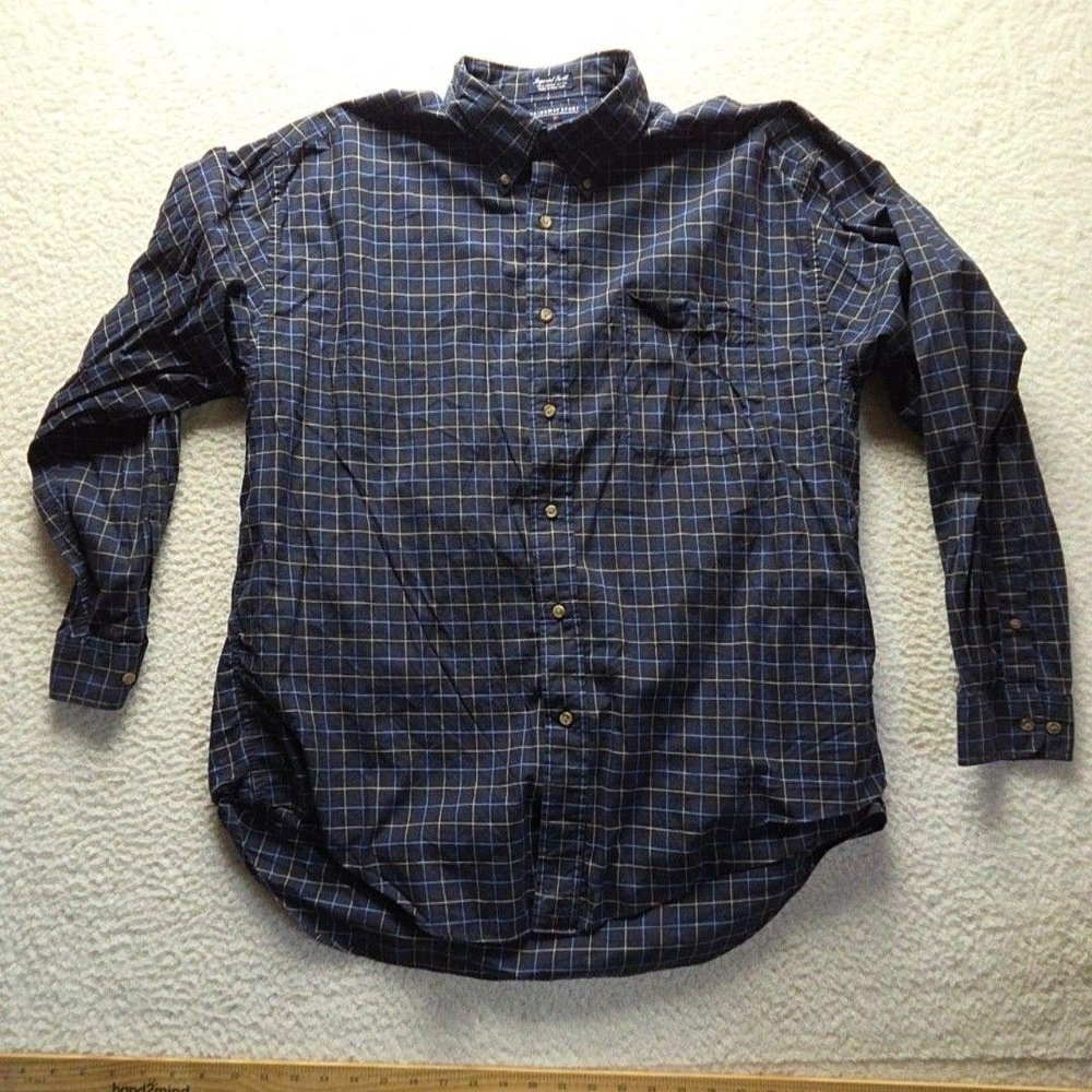 Hathaway Sport Shirt Mens XL Blue Plaid Long Sleeve Twill Button-Down Casual